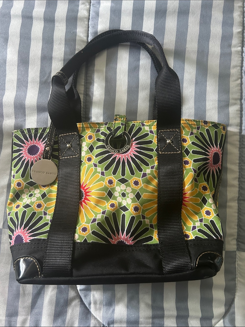 Franco Sarto Green Floral Canvas Tote with Black Straps